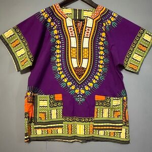 100% Cotton Bright Batik Dashiki Top Medium Thailand Purple Yellow V Neck